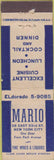 Matchbook Cover - Mario Restaurant New York City NY