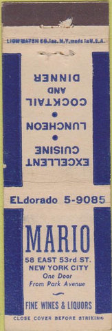Matchbook Cover - Mario Restaurant New York City NY