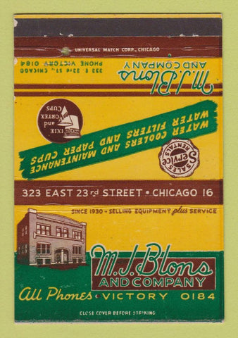 Matchbook Cover - MJ Blons Water Coolers Chicago IL 40 Strike