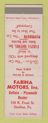 Matchbook Cover - Farina Motors DeSoto Plymouth Steelton PA