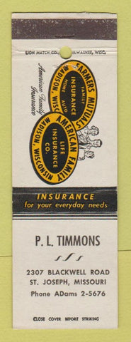 Matchbook Cover - PL Timmons Insurance St Joseph MO