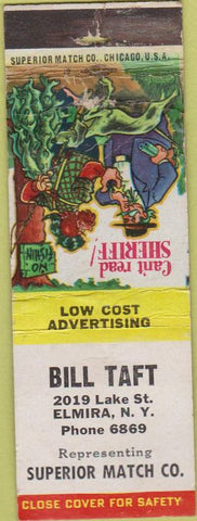 Matchbook Cover - Bill Taft Elmira NY
