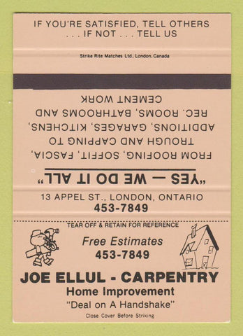 Matchbook Cover - Joe Ellul Carpentry London ON SAMPLE 40 Strike