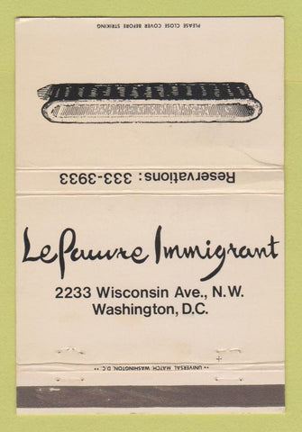 Matchbook Cover - Le Pauure Immigrant Washington DC WEAR 40 Strike
