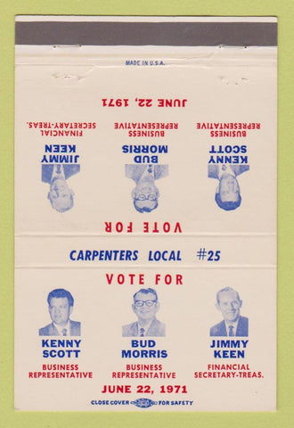 Matchbook Cover - Carpenters Union 1971 Bud Morris Jimmy Keen 40 Strike