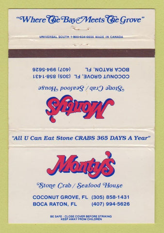 Matchbook Cover - Monty's Restaurant Coconut Grove Boca Raton FL WORN 40 Strike