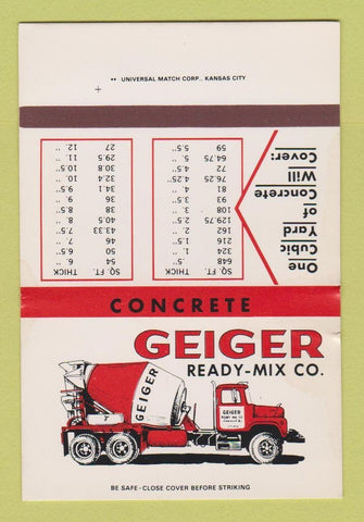 Matchbook Cover - Geiger Ready Mix Concrete Leavenworth KS SAMPLE WEAR 40 Strike
