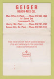 Matchbook Cover - Geiger Ready Mix Concrete Leavenworth KS SAMPLE WEAR 40 Strike