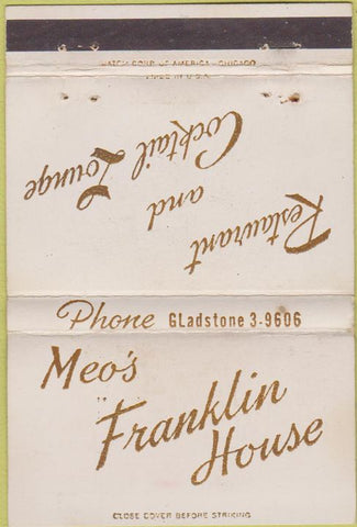 Matchbook Cover - Meo's Franklin House River Grove IL 40 Strike