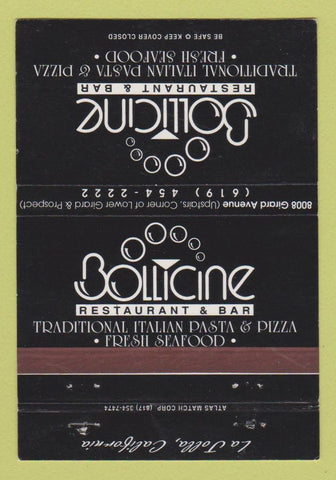 Matchbook Cover - Bollicine Restaurant Italian LA Jolla CA WEAR BLACK 40 Strike