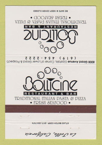 Matchbook Cover - Bollicine Restaurant Italian LA Jolla CA WHITE 40 Strike