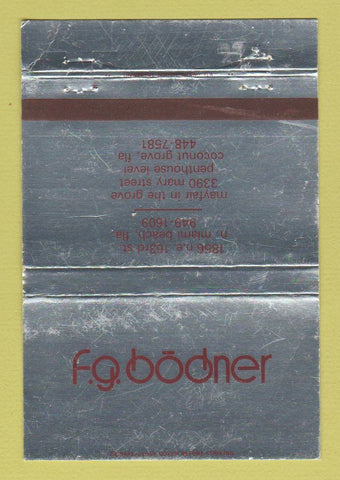 Matchbook Cover - FG Bodner Restaurant Miami Coconut Grove FL WORN 40 Strike