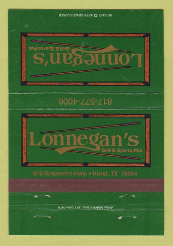 Matchbook Cover - Lonnegan's Grill Sports Pub Hurst TX 40 Strike