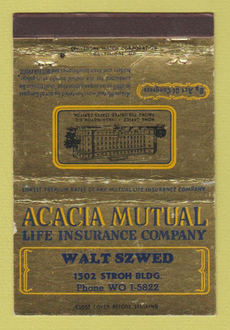 Matchbook Cover - Acacia Mutual Insurance Wald Szwed 40 Strike