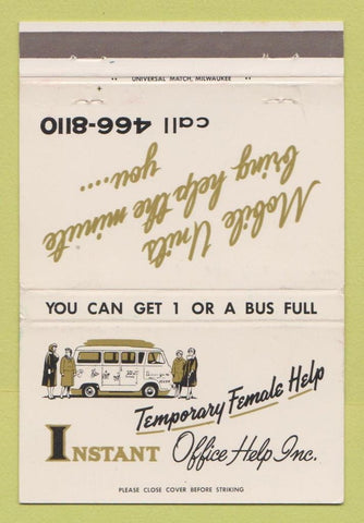 Matchbook Cover - Instant Office Help Temp Work Milwaukee WI 40 Strike