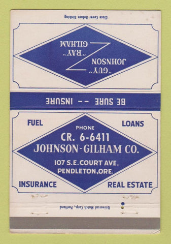 Matchbook Cover Guy Johnson Gilham Insurance Real Estate Pendleton OR 40 Strike