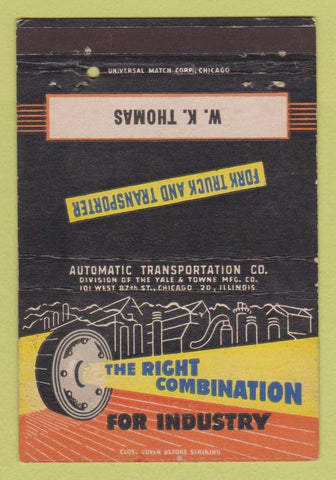Matchbook Cover - Automatic Fork Lifts Chicago IL WK Thomas #1 40 Strike