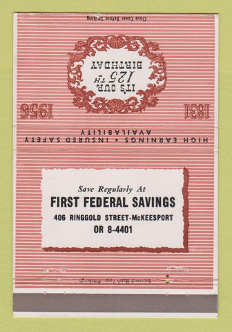 Matchbook Cover - First Federal Savings McKeesport PA 1956 40 Strike