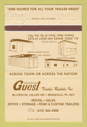 Matchbook Cover - Guest Trailer Rentals Bridgeville PA 40 Strike
