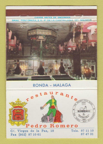 Matchbook Cover - Restaurante Pedro Romero Ronda Malaga Spain 40 Strike