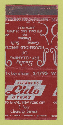 Matchbook Cover - Lido Cleaners Dyers New York City MISCUT 30 Stick