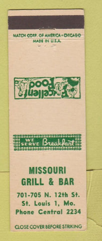 Matchbook Cover - Missouri Bar Grill St Louis MO