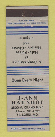 Matchbook Cover - J Ann Hat Shop St Louis MO