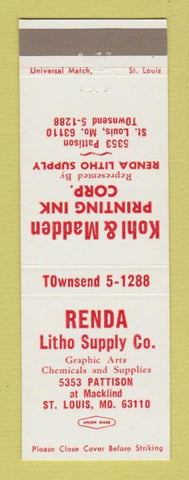 Matchbook Cover - Renda Litho Supply Kohl Madden Inks ST Louis MO