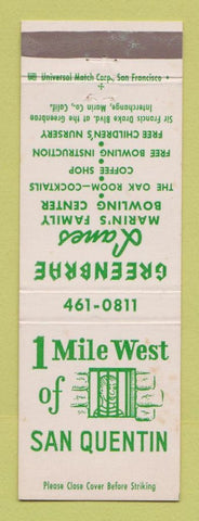 Matchbook Cover - Greenbrae Lanes Bowling San Quentin Prison Marin CA