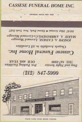 Matchbook Cover - Cassese Funeral Home Ozone Park NY 40 Strike