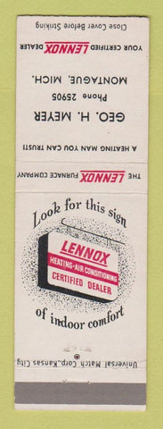 Matchbook Cover - Lennox Furnace Geo Meyer Montague MI