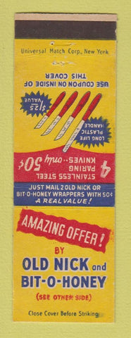 Matchbook Cover - Old Nick Bit O Honey Candy Bar Knife Offer