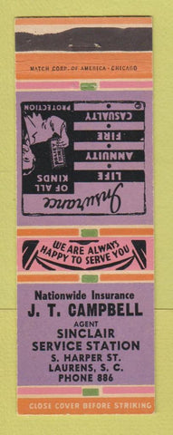 Matchbook Cover JT Campbell Sinclair oil gas insurance Laurens SC PRINTING ERROR