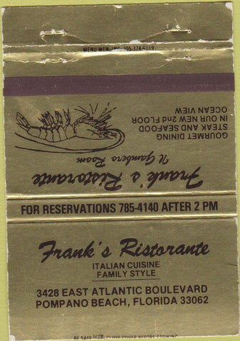 Matchbook Cover - Frank's Ristorante Pompano Beach FL 40 Strike