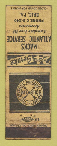 Matchbook Cover - Atlantic oil gas Macks Erie PA Lee Tires POOR