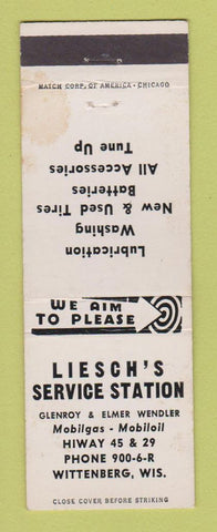 Matchbook Cover - Liesch's Mobil oil gas Wittenberg WI STAINED