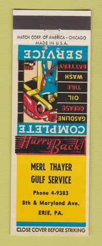 Matchbook Cover - Merl Thayer Gulf oil gas Erie PA