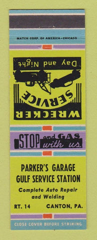 Matchbook Cover - Parker's Garage Gulf oil gas Canton PA