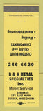 Matchbook Cover - B&H Metal Specialties Sussex WI