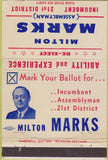 Matchbook Cover - Milton Marks Assemblyman 21st District 40 Strike