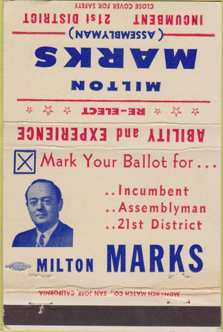 Matchbook Cover - Milton Marks Assemblyman 21st District 40 Strike
