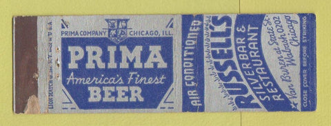 Matchbook Cover - Russell's Silver Bar Chicago IL Prima Beer WORN