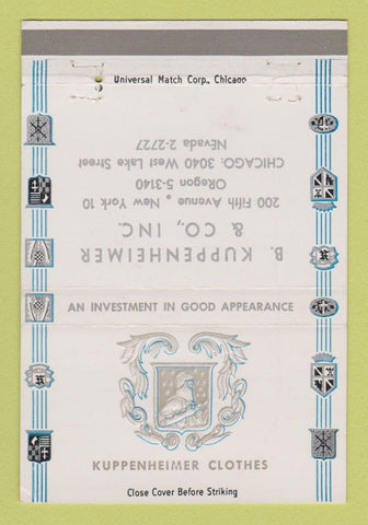 Matchbook Cover - Kuppenheimer Men's Clothes Chicago IL New York City 40 Strike