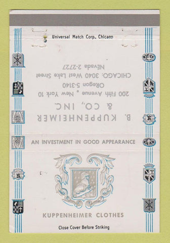 Matchbook Cover - Kuppenheimer Men's Clothes Chicago IL New York City 40 Strike