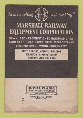 Matchbook Cover - Marshall Railroad Equipment Scranton PA SAMPLE WEAR 40 Strike