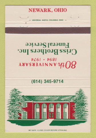 Matchbook Cover - Criss Brothers Funeral Home Newark OH WHITE 40 Strike