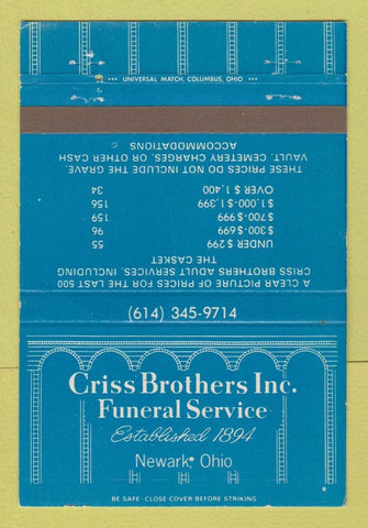 Matchbook Cover - Criss Brothers Funeral Home Newark OH BLUE 40 Strike