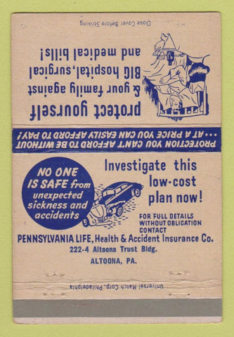 Matchbook Cover - Pennsylvania Life Insurance Altoona PA 40 Strike