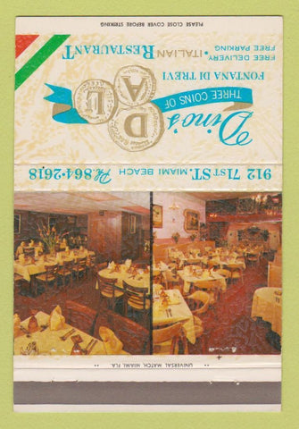 Matchbook Cover - Dino's Three Coins of Dal Restaurant Miami Beach FL 40 Strike