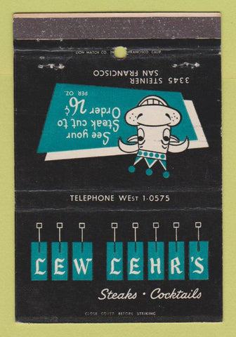 Matchbook Cover - Lew Lehr's Steaks San Francisco CA 40 Strike